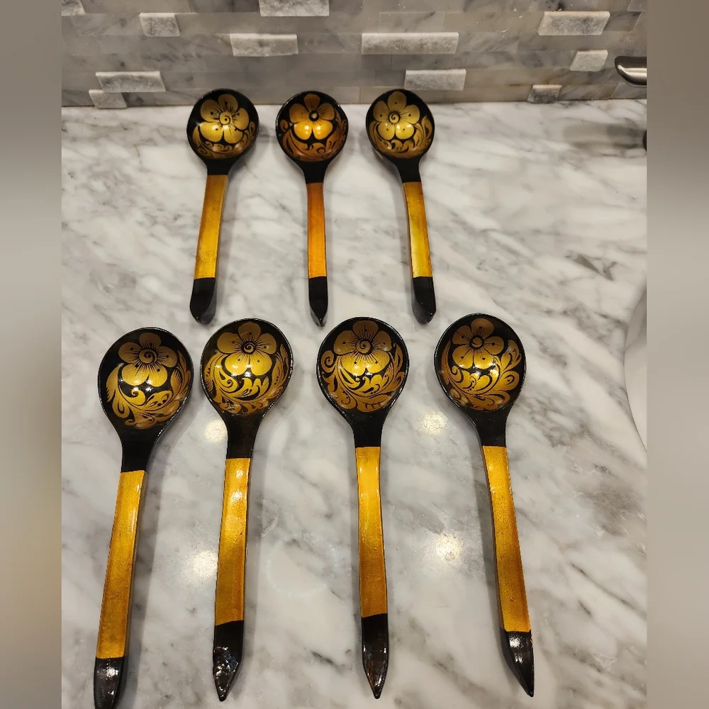 Russian Khokhloma Hand Painted Wooden Spoons Gold Floral Art Set of 7